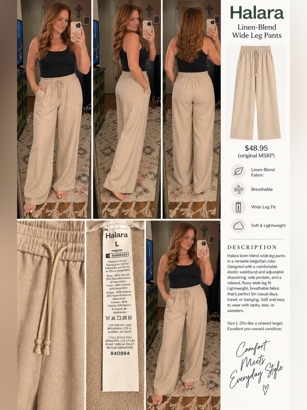 HALARA Beige Wide-Leg Linen-Blend Drawstring Pants